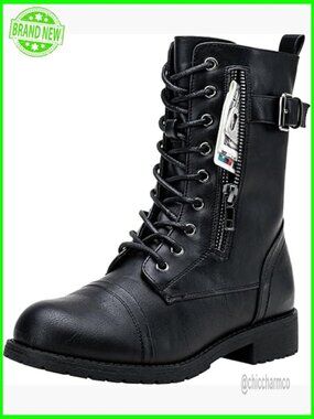 Mid Calf Combat Boots with Card Wallet Pocket
